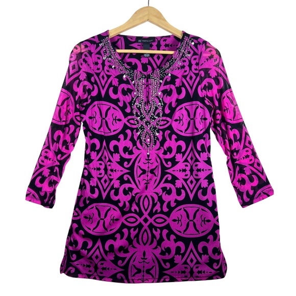 INC International Concepts Embellished Tunic Top Pink Black Sheer M BOHO Chic - Picture 1 of 8